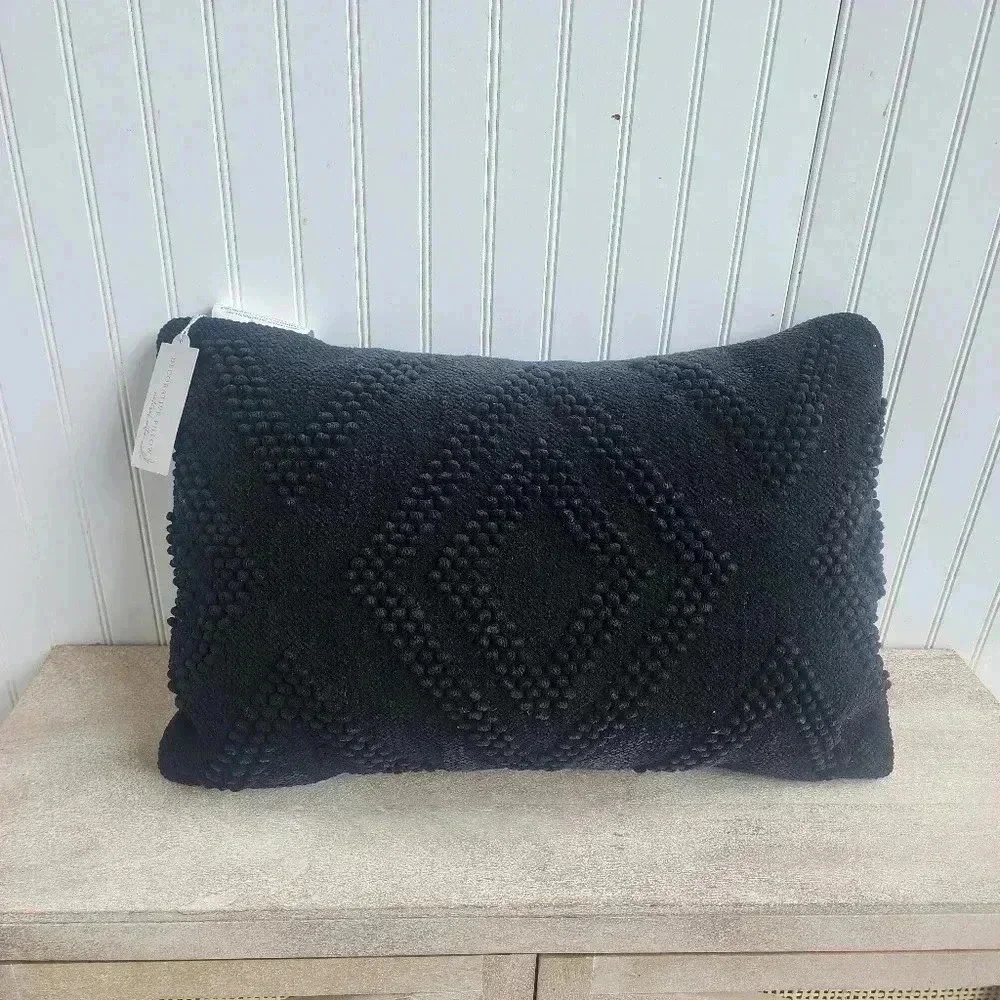 NWT Black Rectangular Natural Cotton Crochet Pillow Home Garden India 24